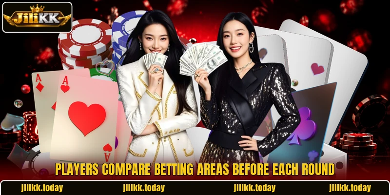 Players compare betting areas before each round Players compare betting areas before each round