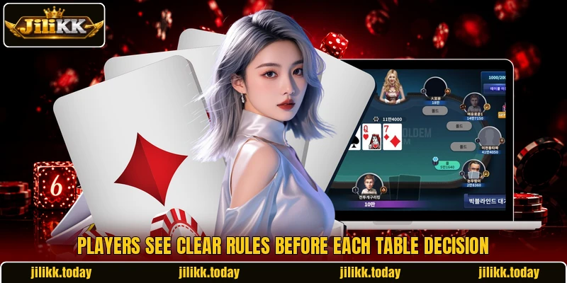 Players see clear rules before each table decision Players see clear rules before each table decision